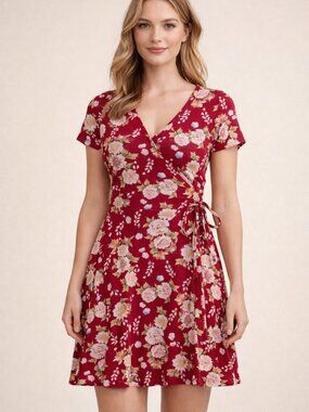Y2K Red Floral Wrap Spring Summer Mini Dress Tie Waist V Neck Junior XS/S